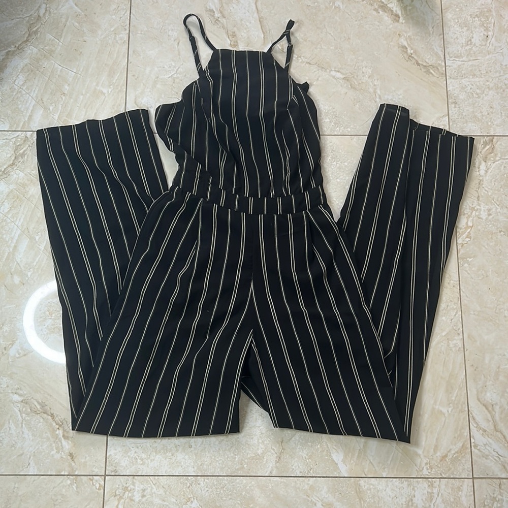 Black and Tan Jumpsuit with Tie Open Back